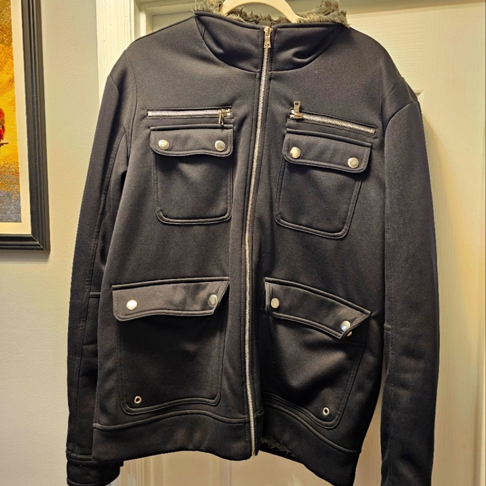 INC International Concepts Sherpa Lined Jacket Men's X LARGE Black Faux Fur Zip